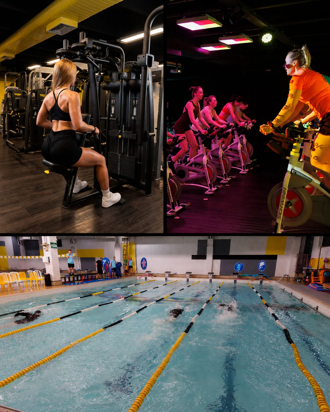 Mosaico da estrutura real da The Best: musculação, aula de spinning e piscina semiolímpica