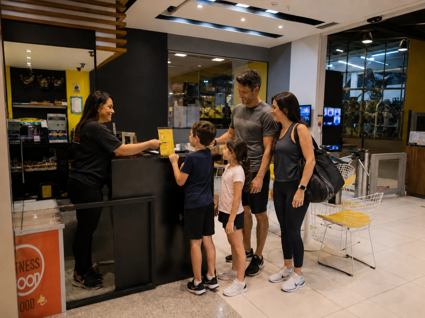 Família chega junta à recepção da Academia The Best em Joinville