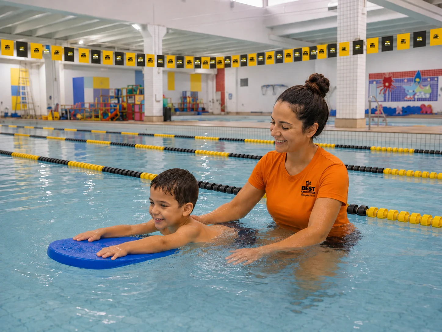 Professora acompanha criança com prancha na piscina da The Best em Joinville