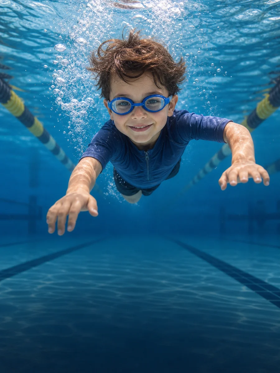 Criança nada com autonomia em uma piscina com raias