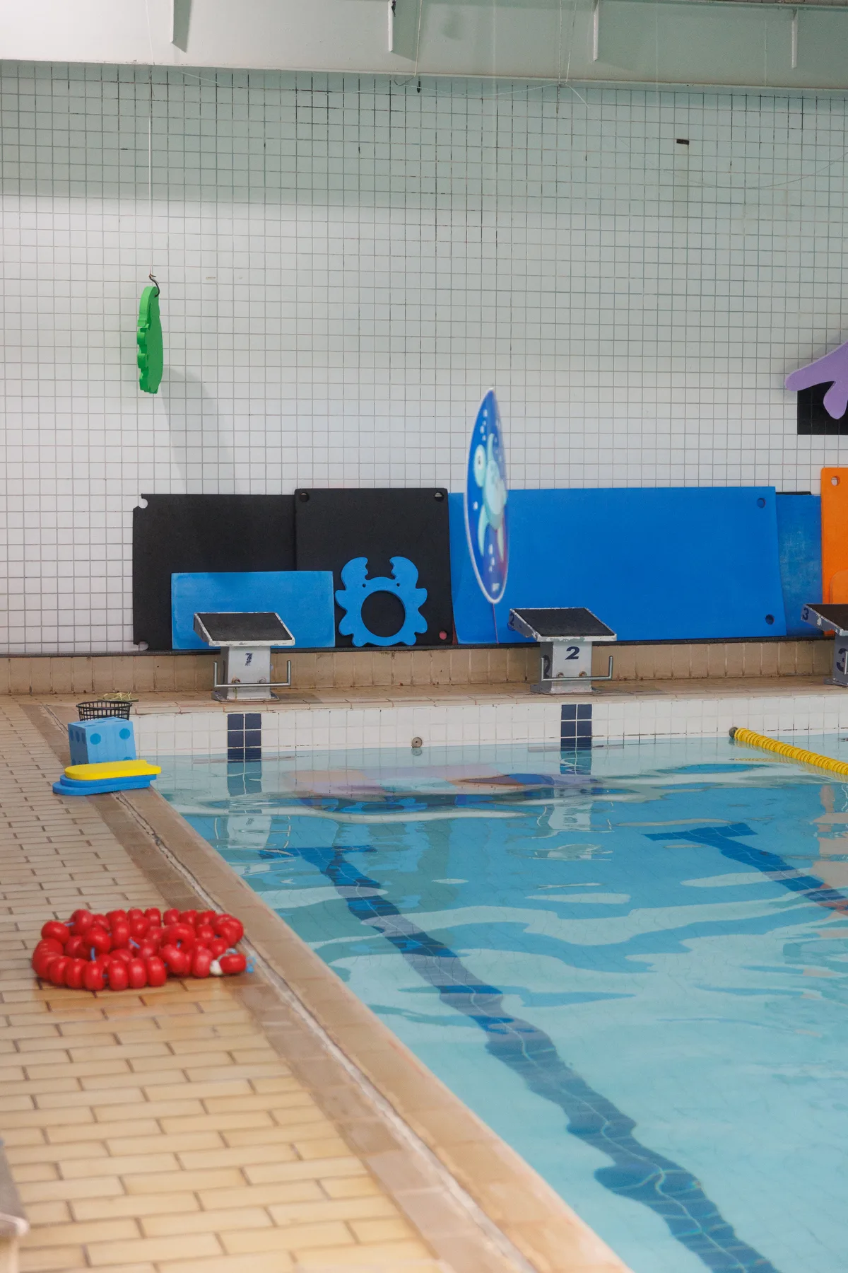 Piscina infantil com pranchas e materiais lúdicos na borda