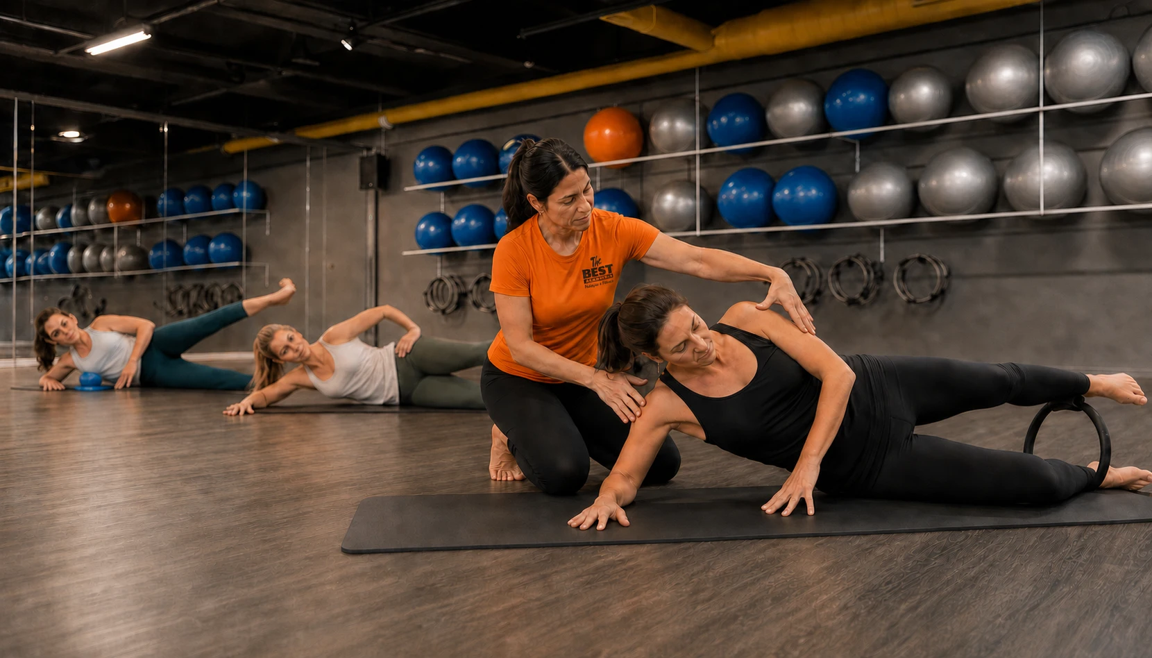 Aula de Pilates no solo na sala da The Best em Joinville
